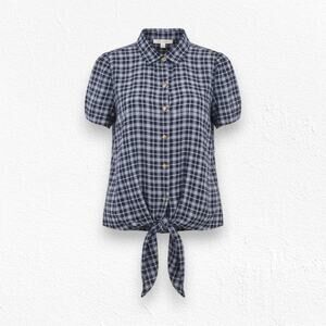 Paper Crown Navy White Plaid Tie-Front Short Sleeve Button Down Blouse Size XS